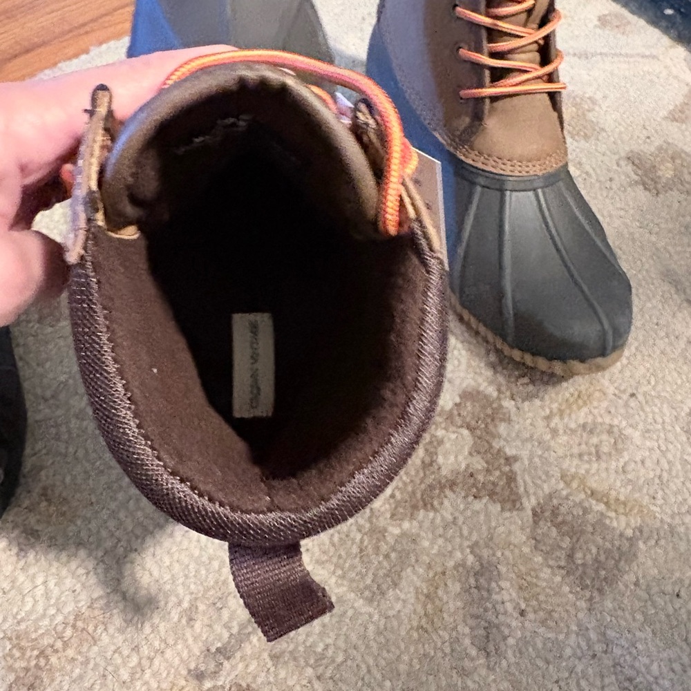 Crown Vintage Brown Duck Boots with Black Rubber Toe and Orange Laces